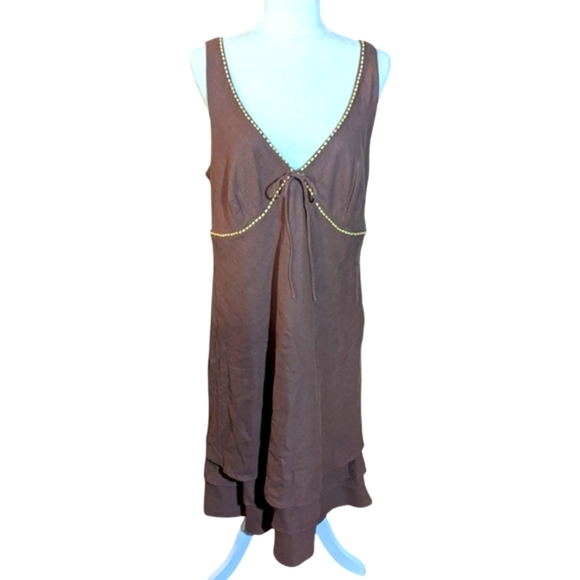 Brown Linen Sleeveless Dress Beaded Trim V Neck Babydoll Tiered Sz 16 - Picture 1 of 9
